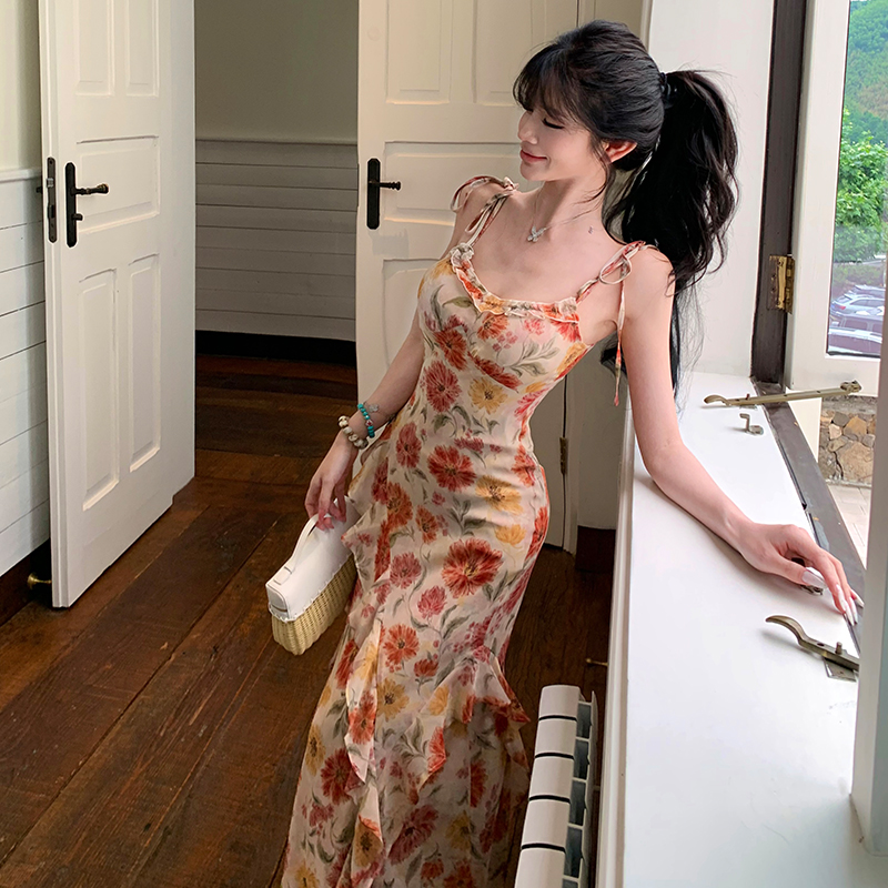 Sling floral lotus leaf edges vacation wood ear dress