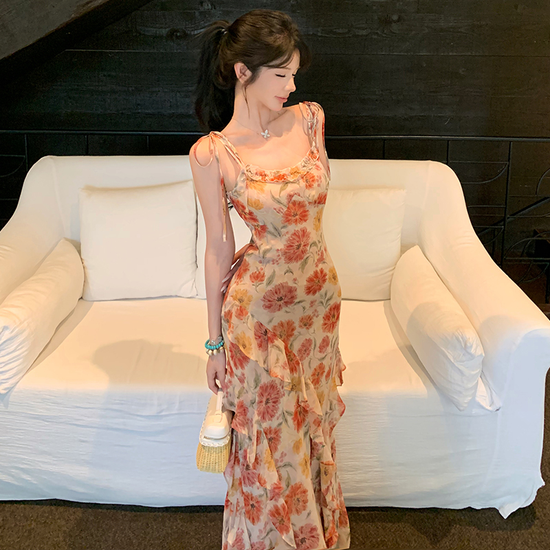 Sling floral lotus leaf edges vacation wood ear dress