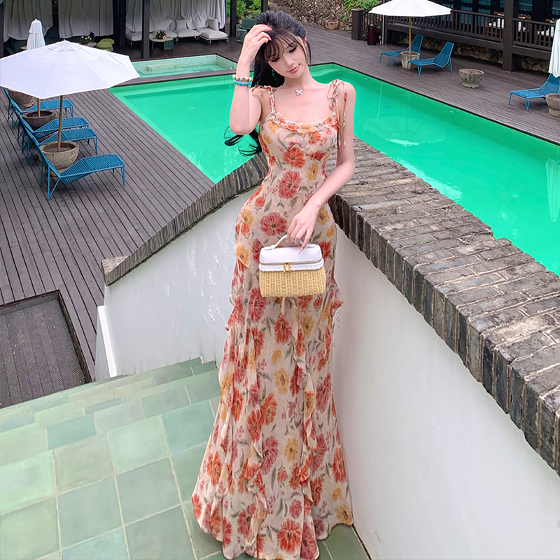 Sling floral lotus leaf edges vacation wood ear dress