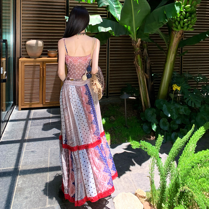 Niche vacation long dress retro sling dress for women