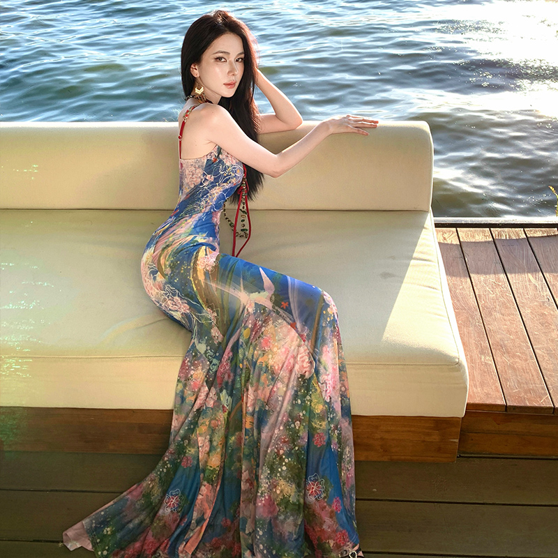 Chinese style printing mermaid sling vacation painting dress