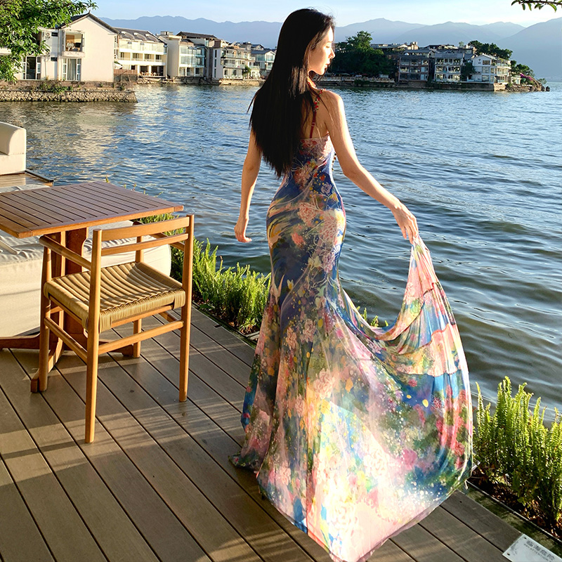 Chinese style printing mermaid sling vacation painting dress