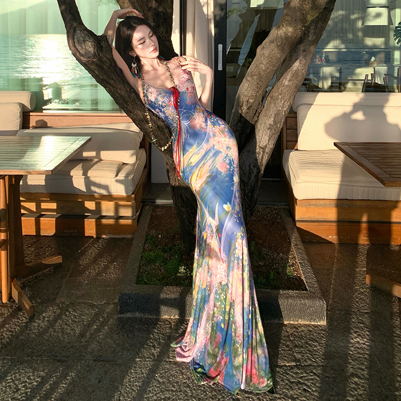 Chinese style printing mermaid sling vacation painting dress