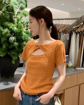 Back hollow short tops slim short sleeve sweater for women