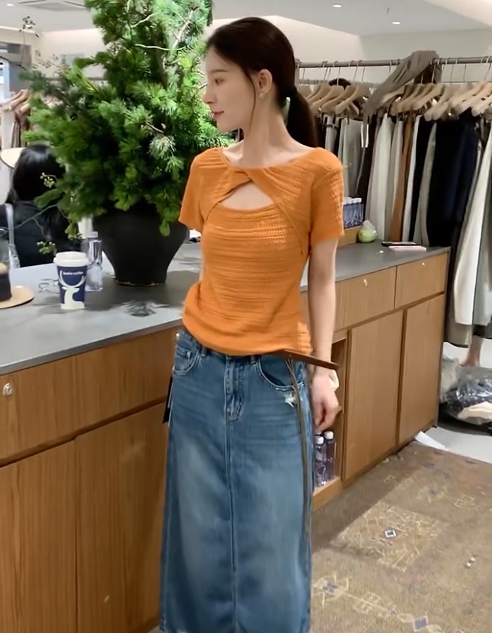Back hollow short tops slim short sleeve sweater for women