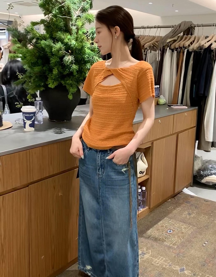 Back hollow short tops slim short sleeve sweater for women