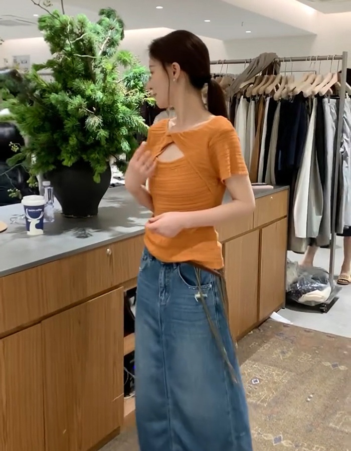 Back hollow short tops slim short sleeve sweater for women