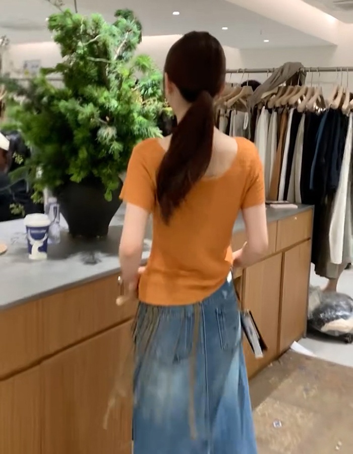 Back hollow short tops slim short sleeve sweater for women