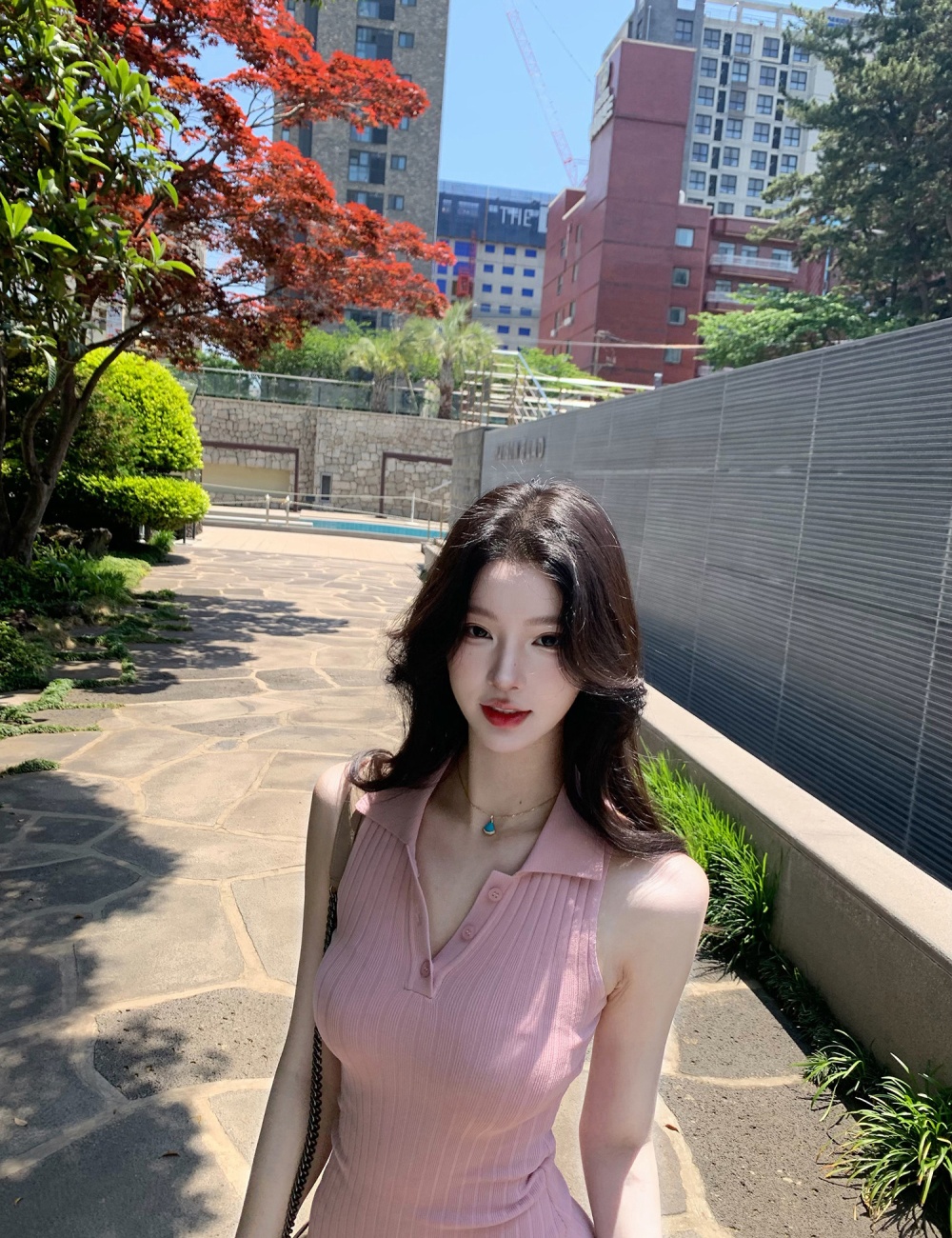 Spring and summer pink vest lapel package hip dress