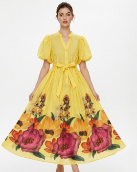 Flowers vacation long puff sleeve dress 2pcs set