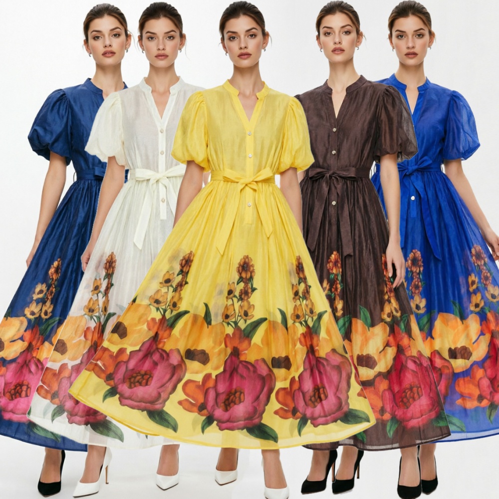 Flowers vacation long puff sleeve dress 2pcs set