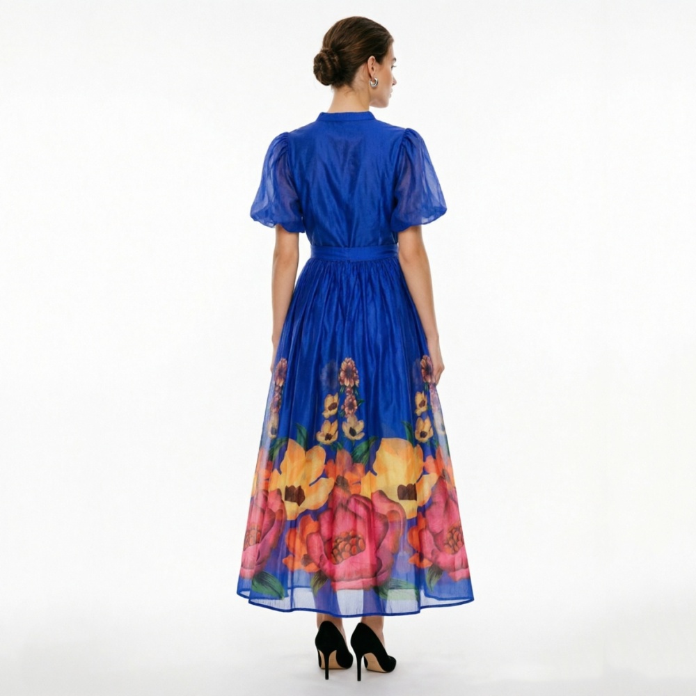 Flowers vacation long puff sleeve dress 2pcs set