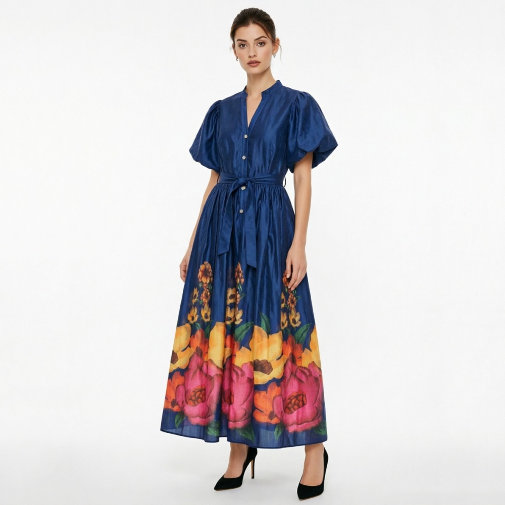 Flowers vacation long puff sleeve dress 2pcs set