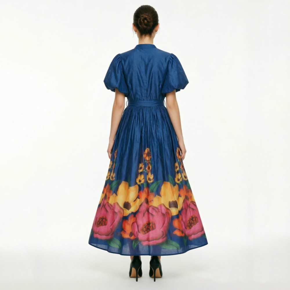 Flowers vacation long puff sleeve dress 2pcs set