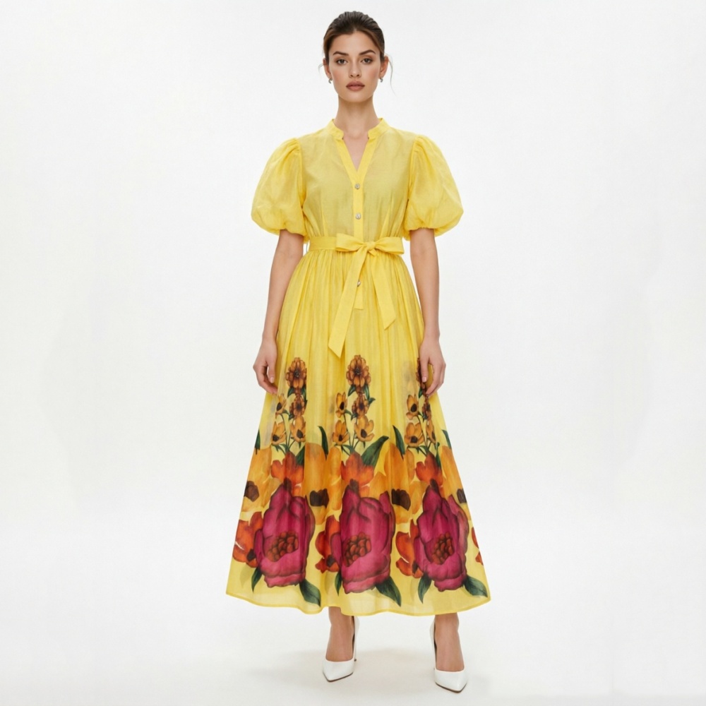 Flowers vacation long puff sleeve dress 2pcs set