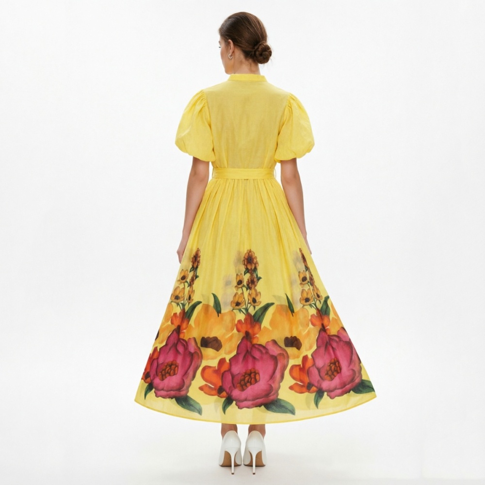 Flowers vacation long puff sleeve dress 2pcs set