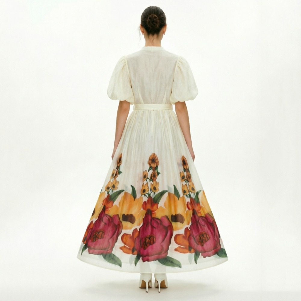 Flowers vacation long puff sleeve dress 2pcs set
