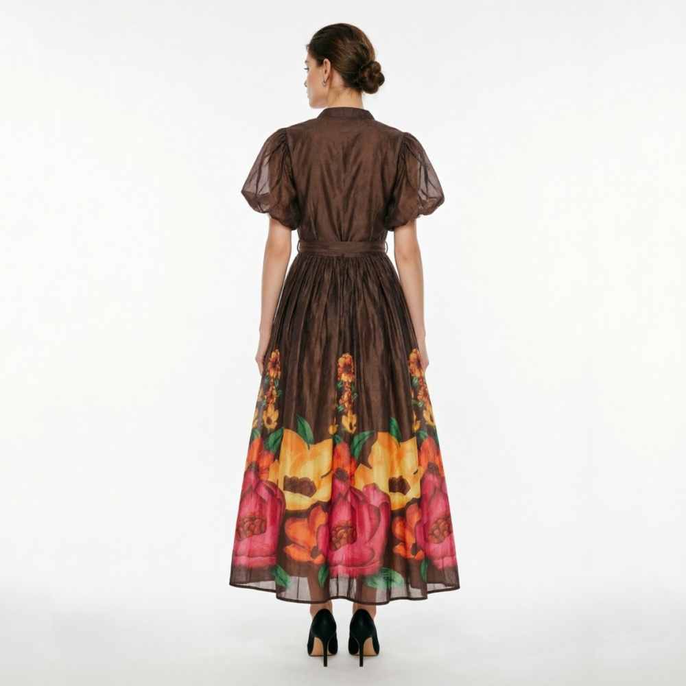 Flowers vacation long puff sleeve dress 2pcs set
