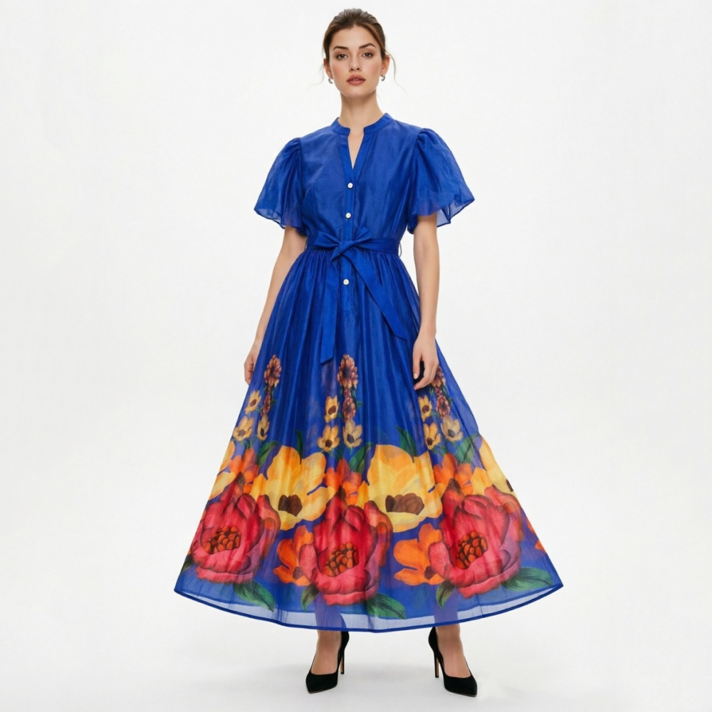 Flowers vacation long puff sleeve dress 2pcs set
