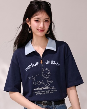 Navy-blue printing tops short sleeve summer shirts