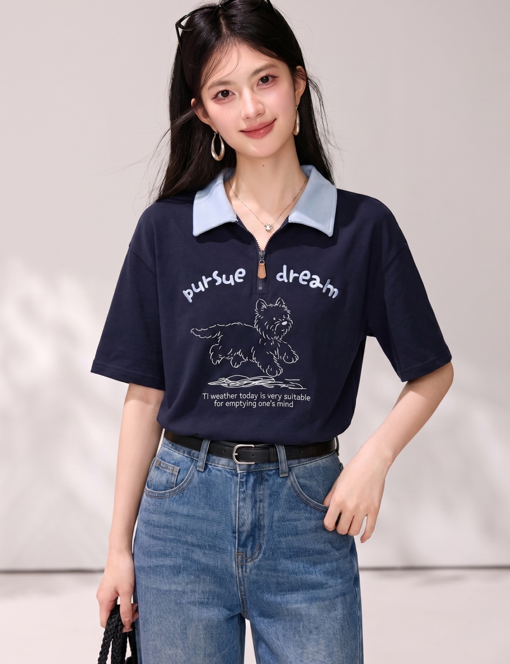 Navy-blue printing tops short sleeve summer shirts