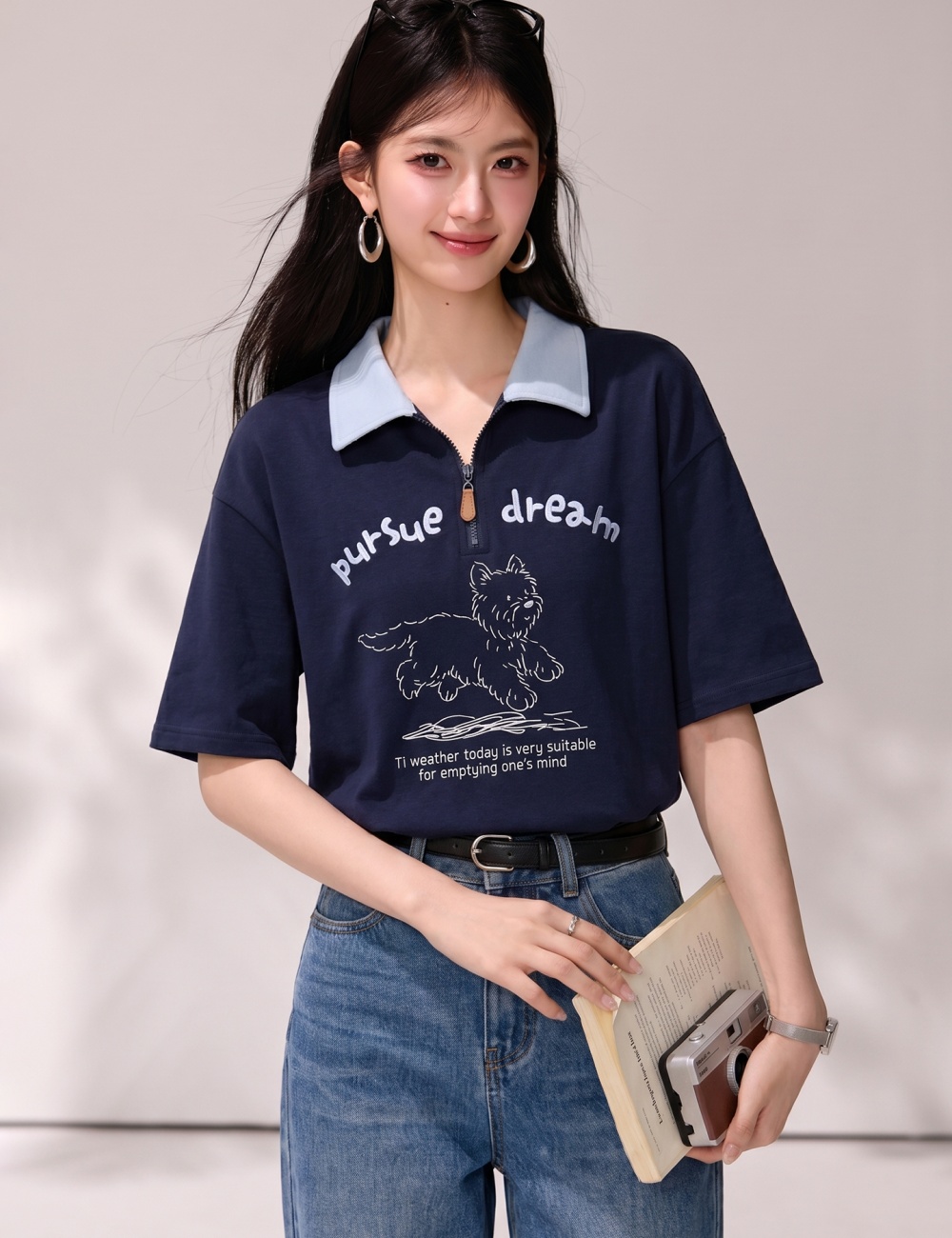 Navy-blue printing tops short sleeve summer shirts