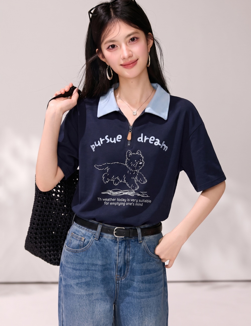 Navy-blue printing tops short sleeve summer shirts