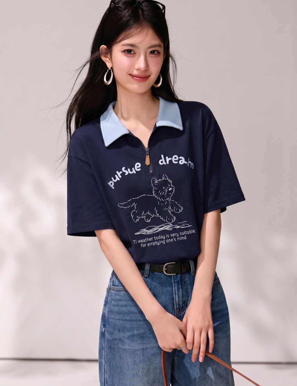 Navy-blue printing tops short sleeve summer shirts