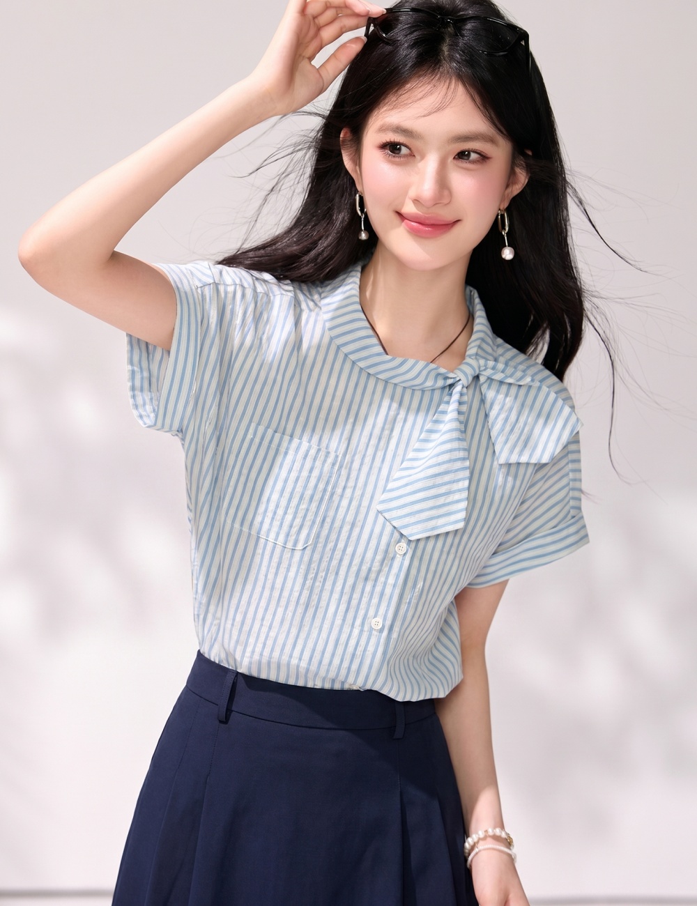 Stripe retro asymmetry collar placket shirt