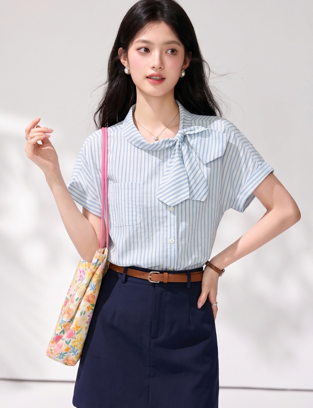 Stripe retro asymmetry collar placket shirt