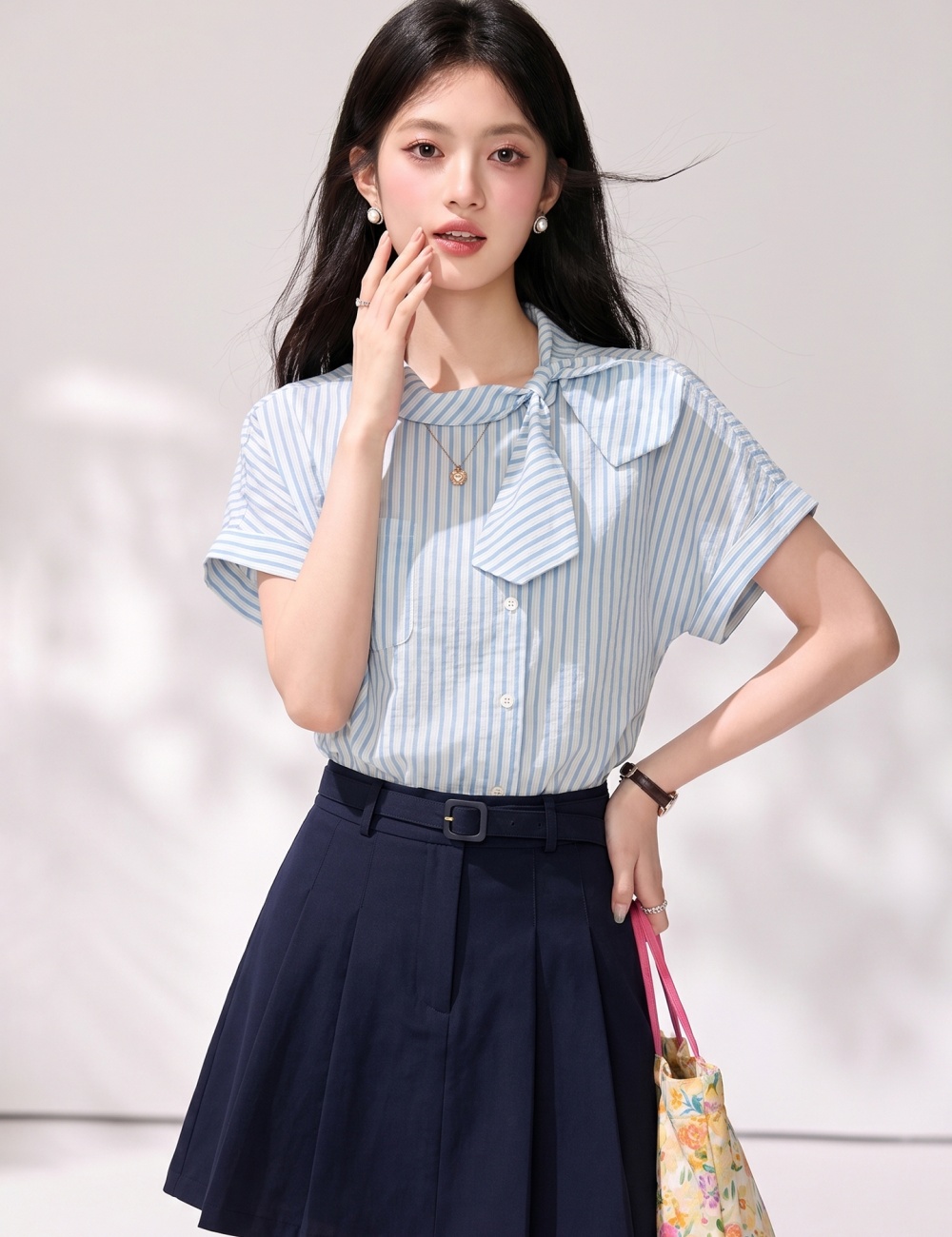 Stripe retro asymmetry collar placket shirt