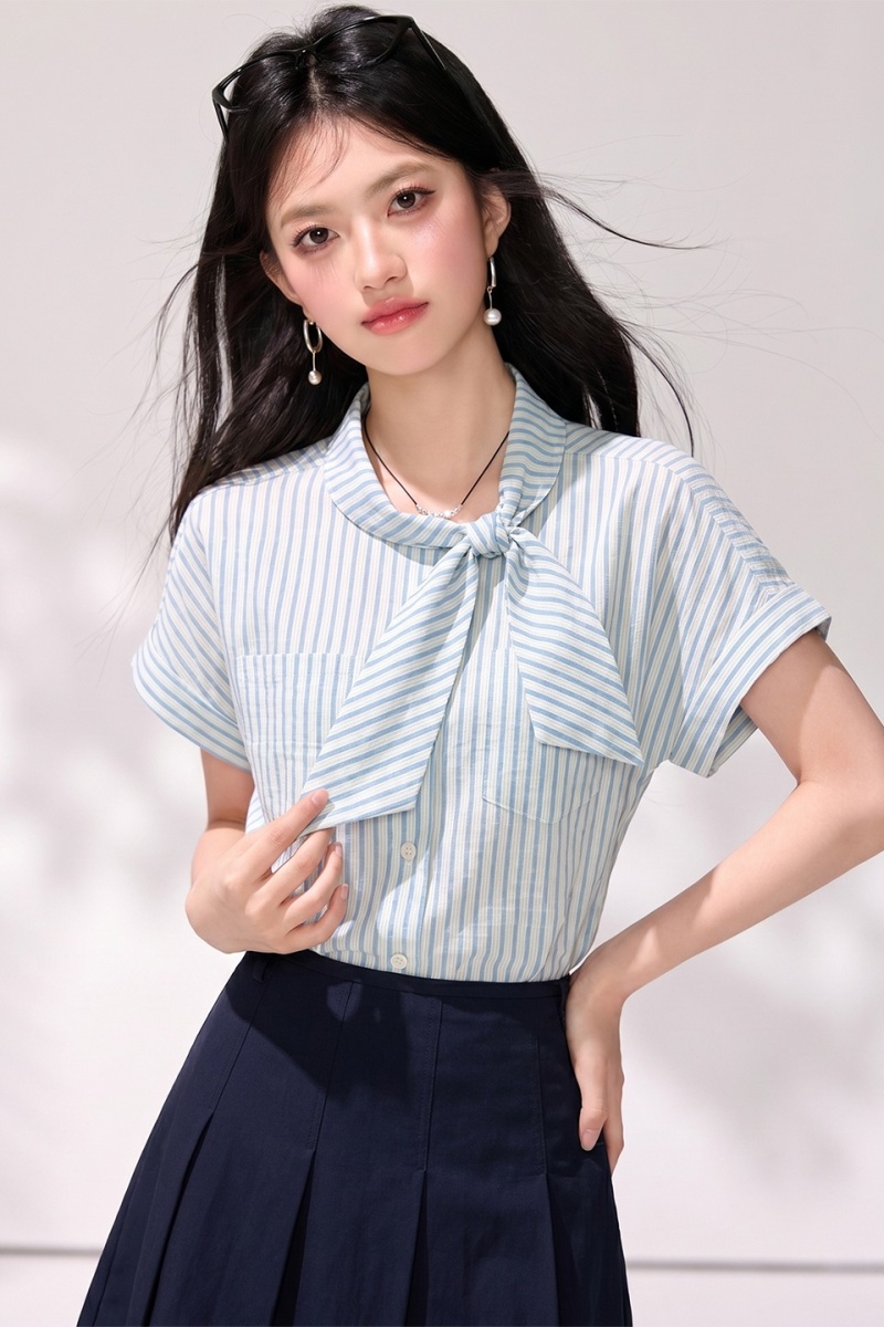 Stripe retro asymmetry collar placket shirt