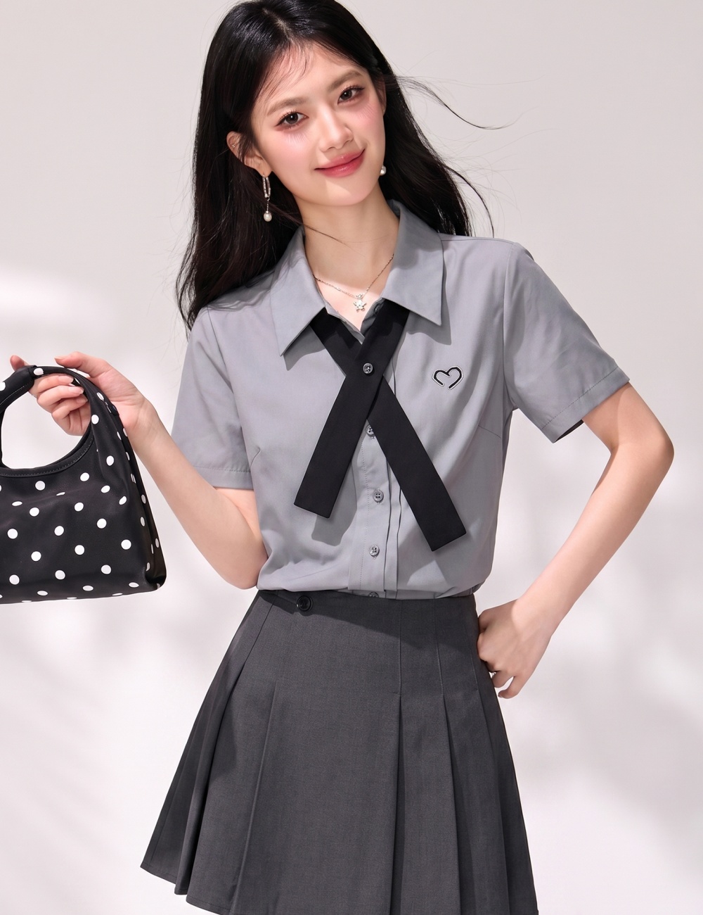 Show young gray collar tops short sleeve summer shirt