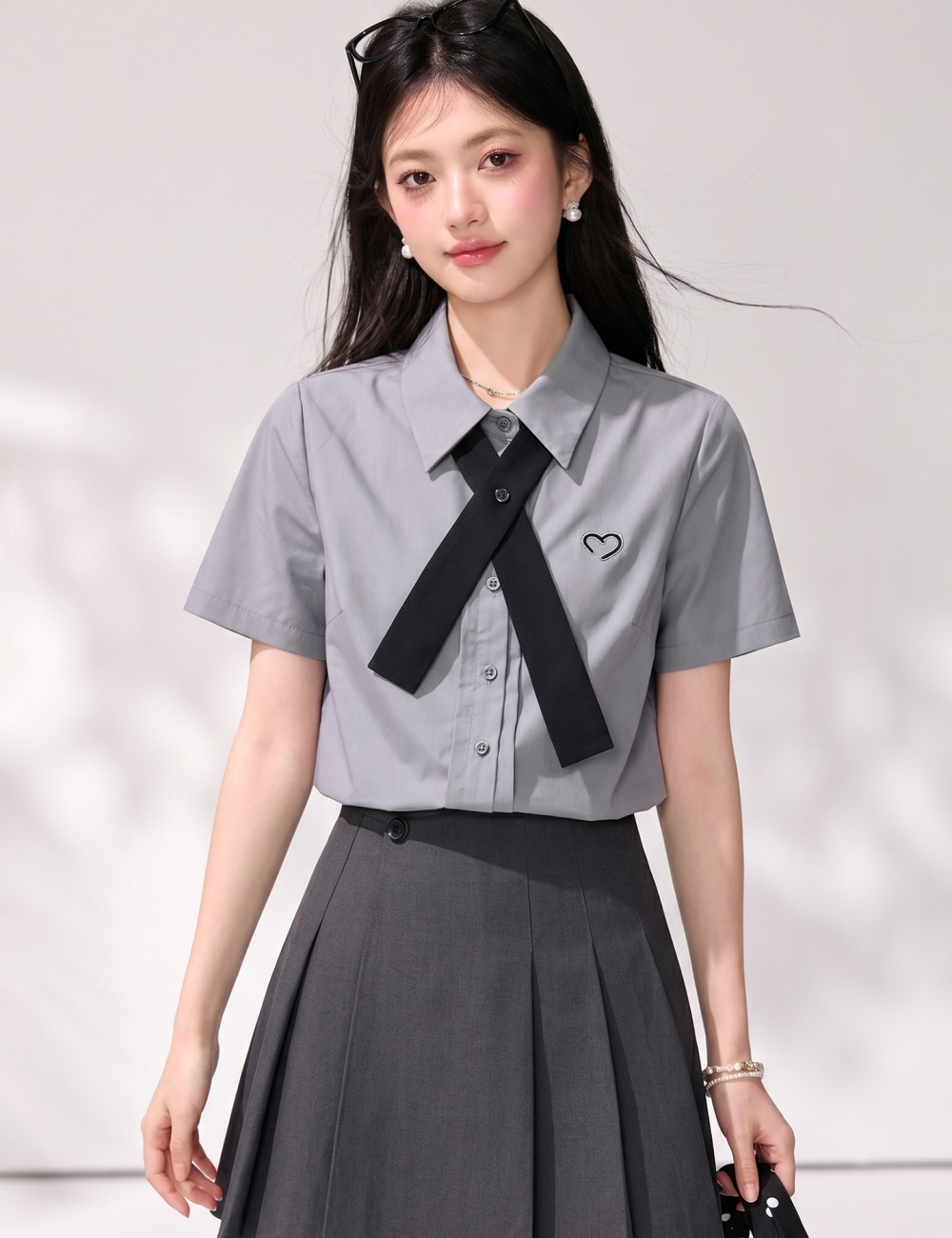 Show young gray collar tops short sleeve summer shirt