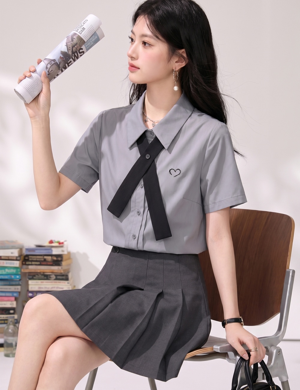 Show young gray collar tops short sleeve summer shirt