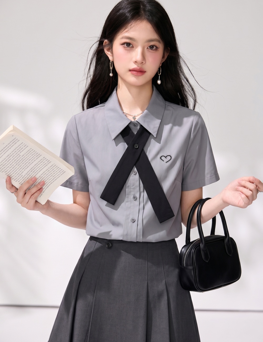 Show young gray collar tops short sleeve summer shirt