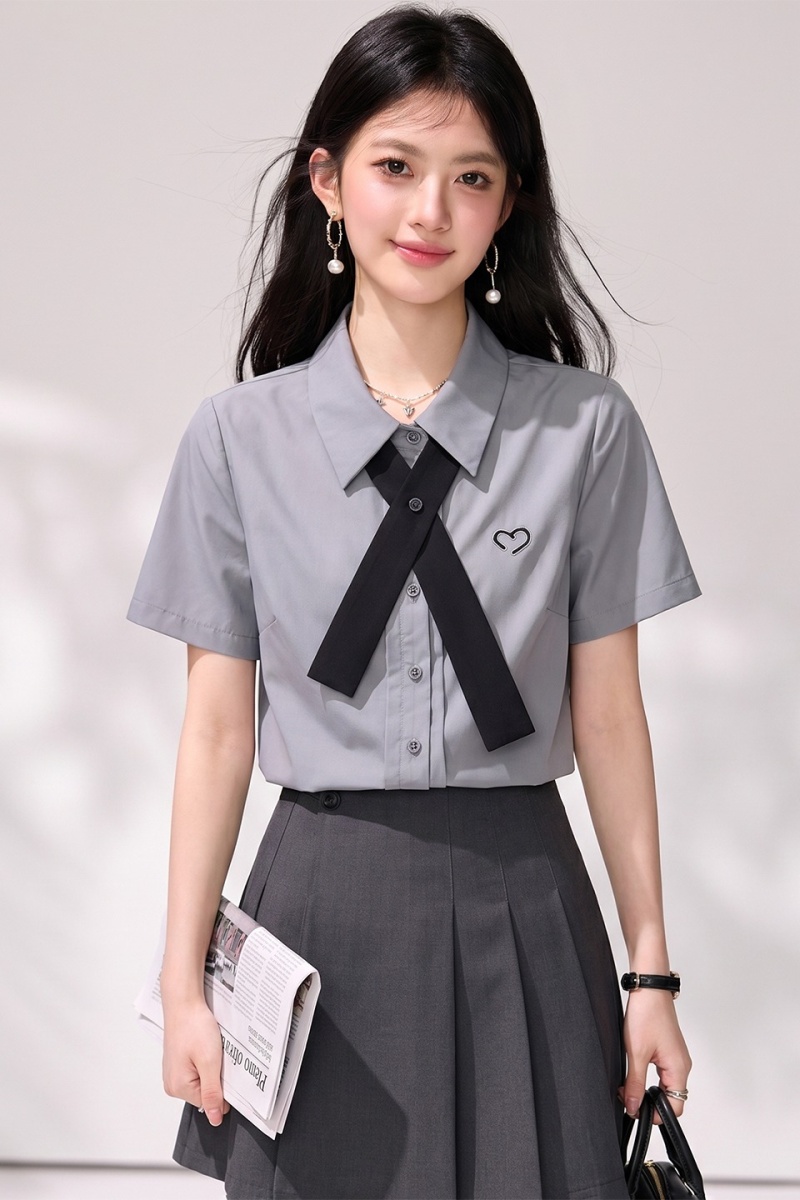 Show young gray collar tops short sleeve summer shirt
