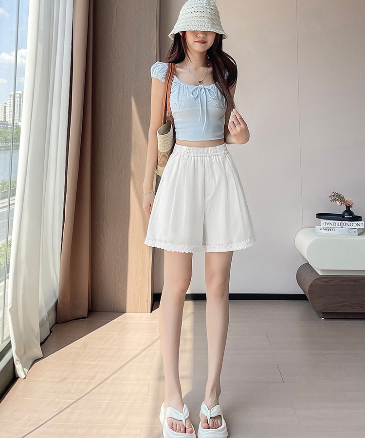 Lined thin lace elastic waist France style shorts