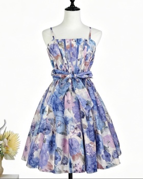 Printing sleeveless dress high waist frenum T-back