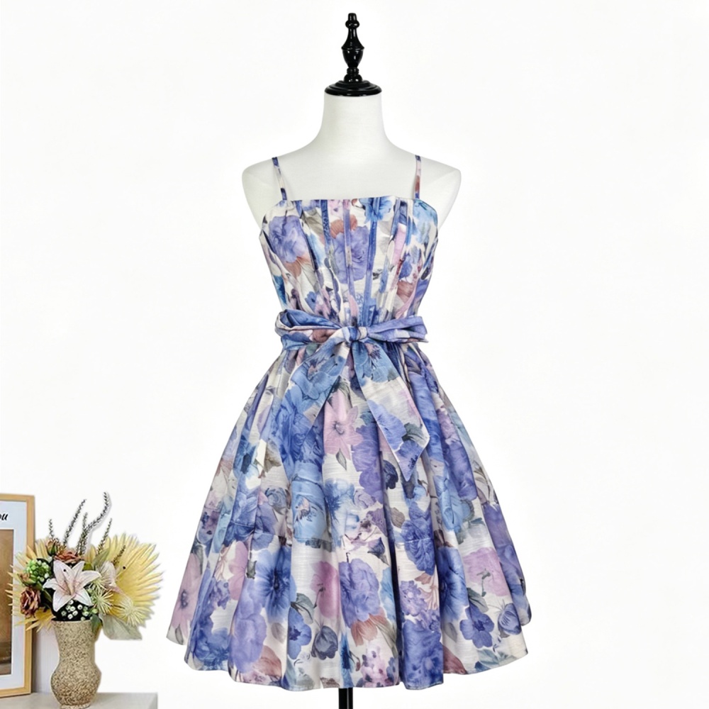 Printing sleeveless dress high waist frenum T-back
