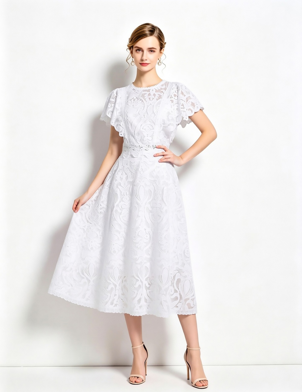 Slim fashion boats sleeve hollow dress a set