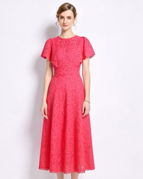 Light luxury slim boats sleeve fashion lace dress a set