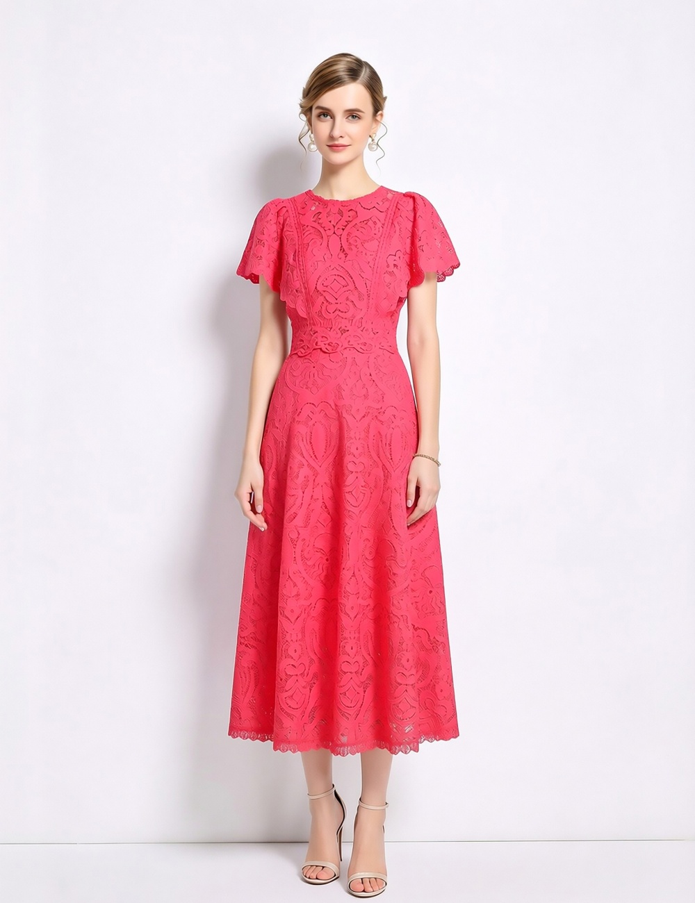 Light luxury slim boats sleeve fashion lace dress a set