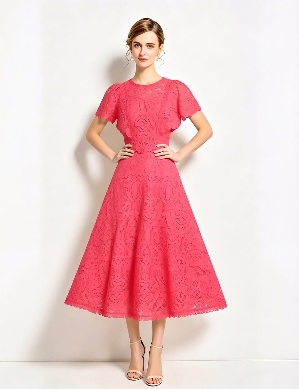 Light luxury slim boats sleeve fashion lace dress a set