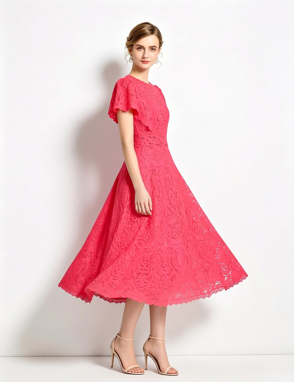 Light luxury slim boats sleeve fashion lace dress a set
