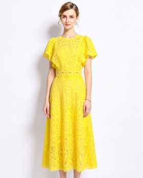 Boats sleeve lace light luxury hollow fashion dress a set