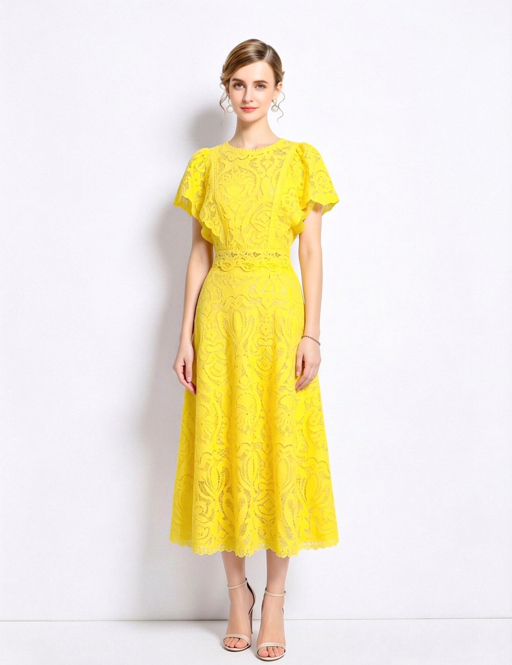 Boats sleeve lace light luxury hollow fashion dress a set