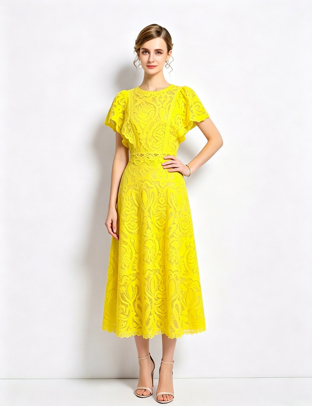 Boats sleeve lace light luxury hollow fashion dress a set