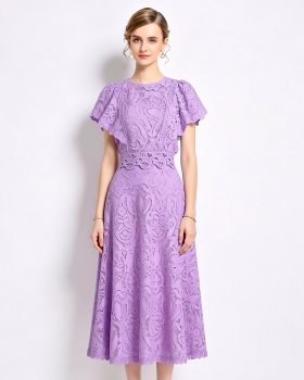 Boats sleeve hollow light luxury fashion lace dress a set