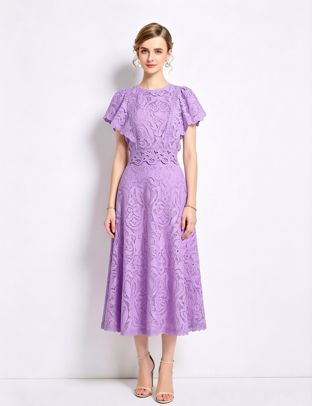 Boats sleeve hollow light luxury fashion lace dress a set